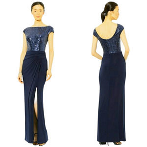 Lauren Ralph Lauren Maxi Dress Women 4 Navy Blue Sequin Top Jersey Skirt Formal